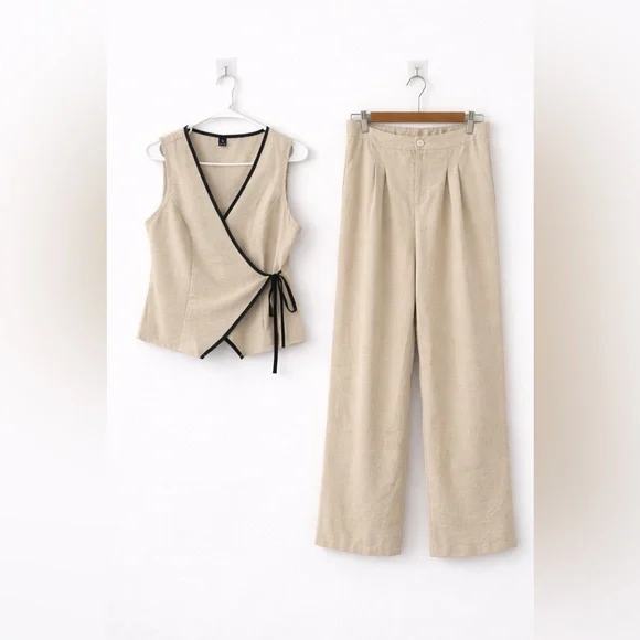 SHEIN Curve 0XL Linen-Look 2-Piece Set - Asymmetrical Wrap Vest & Wide-Leg Pants - Picture 2 of 14